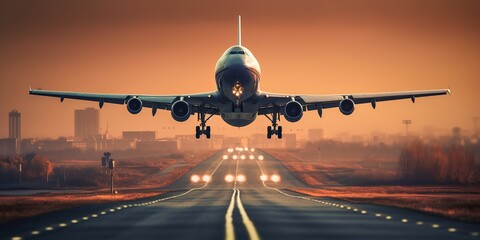 Fototapeta na wymiar A passenger plane landing onto an airport runway in beautiful sunset light