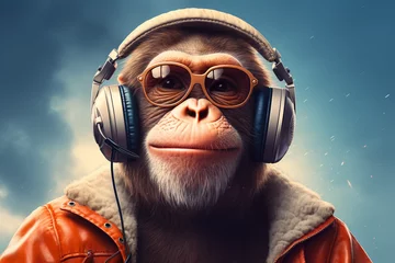 Foto op Plexiglas anti-reflex chimpanzee listening to music using a headset © IOLA