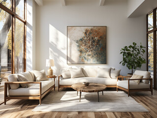 This minimalist scandinavian living room features sleek, modern furniture that creates an inviting and stylish atmosphere perfect for relaxing and entertaining
