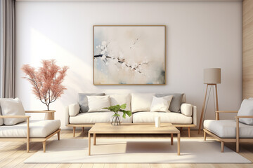 A minimalistic yet inviting scandinavian interior design featuring a cozy couch and a chic coffee table, perfect for lounging in style
