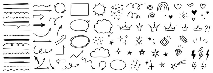 Sketch line arrow element, star, heart shape. Hand drawn doodle sketch style circle, cloud speech bubble grunge element set. Arrow, star, heart brush decoration. Vector illustration © Polina Tomtosova