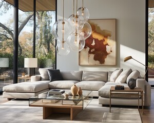 This minimal, scandinavian-style living room exudes elegance and sophistication with its large sectional sofa, glass chandelier, and chic interior design