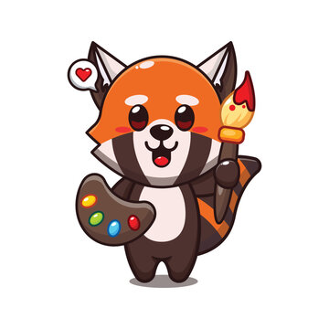cute red panda painter cartoon vector illustration.