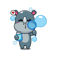 Fototapeta premium cute rhino blowing bubbles cartoon vector illustration.
