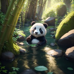 A little panda playing in the river, AI generated