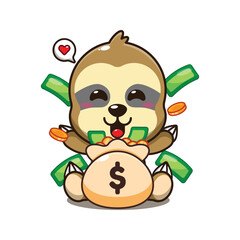 cute sloth with money bag cartoon vector illustration. © Artprodite