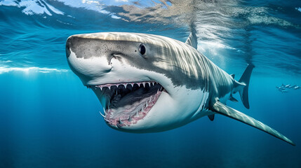 Fototapeta premium A close-up photograph of a majestic tiger shark, its rows of sharp teeth visible as it cruises through the ocean Generative AI