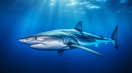 Fototapeta premium A captivating shot of a blue shark, known for its sleek and elegant appearance, gracefully swimming in the open ocean Generative AI