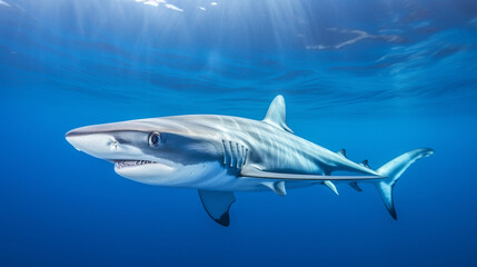 Fototapeta premium A captivating shot of a blue shark, known for its sleek and elegant appearance, gracefully swimming in the open ocean Generative AI