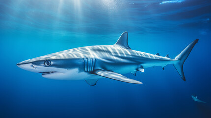 Naklejka premium A captivating shot of a blue shark, known for its sleek and elegant appearance, gracefully swimming in the open ocean Generative AI