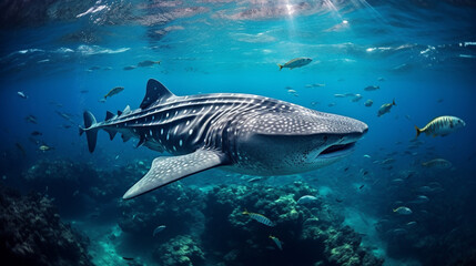 Fototapeta premium A serene underwater scene featuring a whale shark peacefully swimming alongside smaller fish, showcasing their gentle nature Generative AI