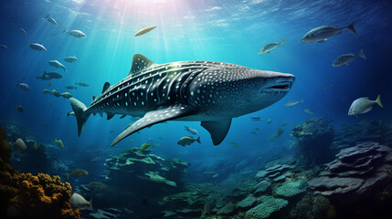 Fototapeta premium A serene underwater scene featuring a whale shark peacefully swimming alongside smaller fish, showcasing their gentle nature Generative AI