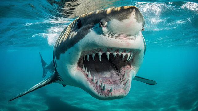 A close-up photograph of a majestic tiger shark, its rows of sharp teeth visible as it cruises through the ocean Generative AI