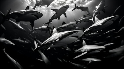 A stunning aerial photograph of a school of silky sharks, creating an impressive display of strength and unity Generative AI