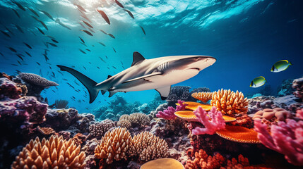 A captivating underwater shot of a reef shark gracefully swimming past a colorful array of coral and marine life Generative AI