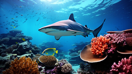 Fototapeta na wymiar A captivating underwater shot of a reef shark gracefully swimming past a colorful array of coral and marine life Generative AI