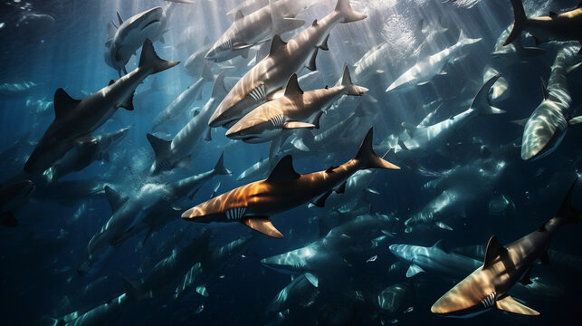 A stunning aerial photograph of a school of silky sharks, creating an impressive display of strength and unity Generative AI