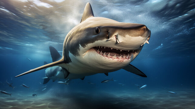 A powerful image of a bull shark patrolling a coastal area, its muscular frame and determined expression captured in detail Generative AI