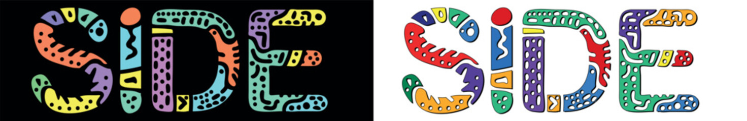 SIDE. Multicolored bright isolate curves doodle letters. Place in Turkey SIDE for print, Turkish travel booklet, banner, flyer. Stock vector.