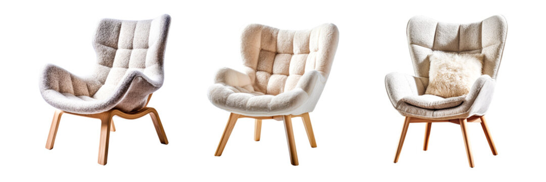 Fototapeta set of cream white armchairs in scandinavian modern minimalist style, interior design element, stylish, trendy cozy interior accessory, isolated.