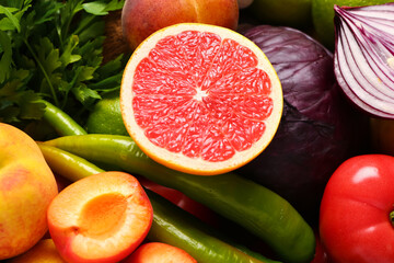 Texture of different fresh fruits and vegetables as background