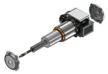 Isometric exploded view of Single Electric Vehicle Motor on white background. Generic design. 3D rendering illustration.
