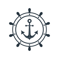 Anchor and ship wheel icon. Marine logo. Nautical symbol isolated on white background. Vector illustration in flat style.