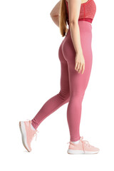 Sporty young woman in leggings on  white background