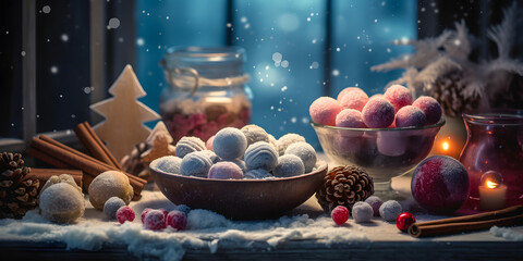 Chocolates in a shop window, christmas snack, christmas gift, snacking