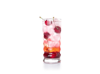 Glass of tasty cherry lemonade on white background