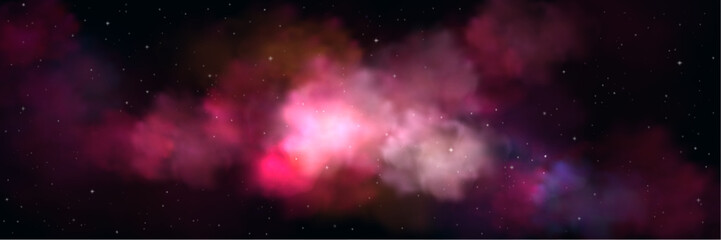 Realistic night sky with pink clouds. Vector illustration of magic sparkling stars scattered in dark space, colorful gradient mist flying in air, glitter powder splash. Abstract fantasy universe © klyaksun