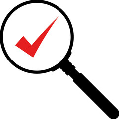 Magnifier enlarging the correct or check mark icon. Business industrial quality control and voting concept vector icon
