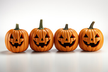 group of halloween pumpkins with carved face on white isolated background. Generative AI illustration