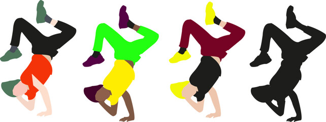 Vector break dancers set. Dancing boys. Young boy guy standing hands and dancing break dance. Active lifestyle vector illustration.