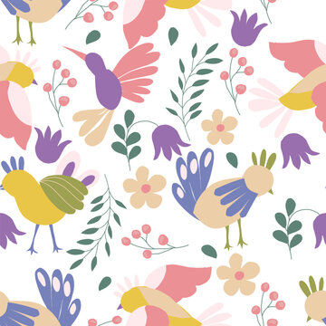 Colorful Tropical Bird Hand Drawn Seamless Pattern