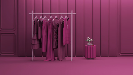Dress hanging on a rack on viva magenta background. Creative composition. Light background with copy space. 3D render. Feminine copy space template, presentation, studio, store fashion	
