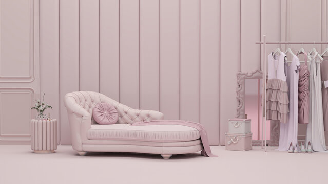 Luxury armchair on pastel pink background, Clothes hanging on a rack. Creative composition. Light background with copy space. 3D render for web page, presentation, studio, store fashion	
