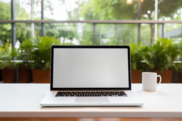 Fototapeta premium Laptop mockup with blank white screen on table with cup outdoor