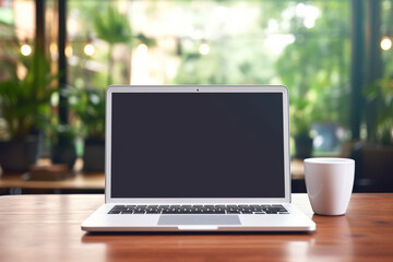 Laptop mockup with blank screen on table with cup outdoor