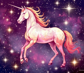 Plakat unicorn in the stars with a pink mane and a long mane. generative ai.