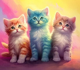 Fototapeta na wymiar three kittens sitting on a colorful background with a rainbow background. generative ai.
