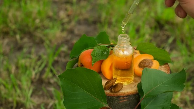 Apricot kernel oil in a bottle. Selective focus.