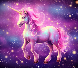 Naklejka na ściany i meble unicorn with pink mane and long mane standing in the middle of a galaxy. generative ai.