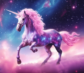 Naklejka na ściany i meble unicorn in the sky with stars and clouds. generative ai.