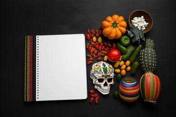empty open notepad, copyspace, mexican vibrant, black background, Cinco de Mayo AI generation