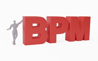 3D render of businessman leaning on the word BPM or business process management illustration.