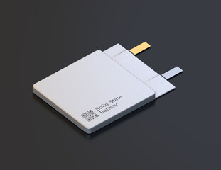 Single Solid-State Battery cell unit with sample QR code on black background. Next Generation Electric Vehicle Battery concept. Generic design. 3D rendering illustration.