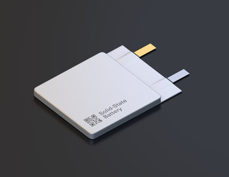 Single Solid-State Battery cell unit with sample QR code on black background. Next Generation Electric Vehicle Battery concept. Generic design. 3D rendering illustration.