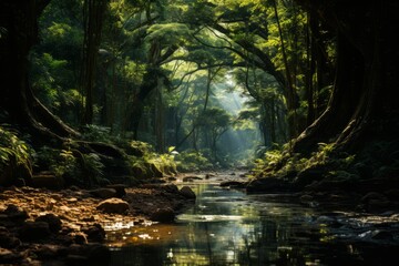 Sunlit Canopies In A Dense Forest, Generative AI