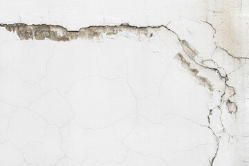 Old white cement wall with intricate cracks and unique patterns. The rough texture and distressed background.